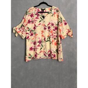 Investments Floral Top Women's 2X Woven V-neck 3/4 Tie Sleeves Yellow NEW